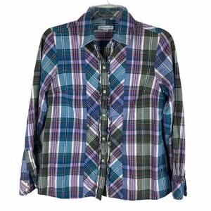 Pendleton Plaid 100% Cotton Button Front Long Sleeve Shirt Size M EUC Blue Green